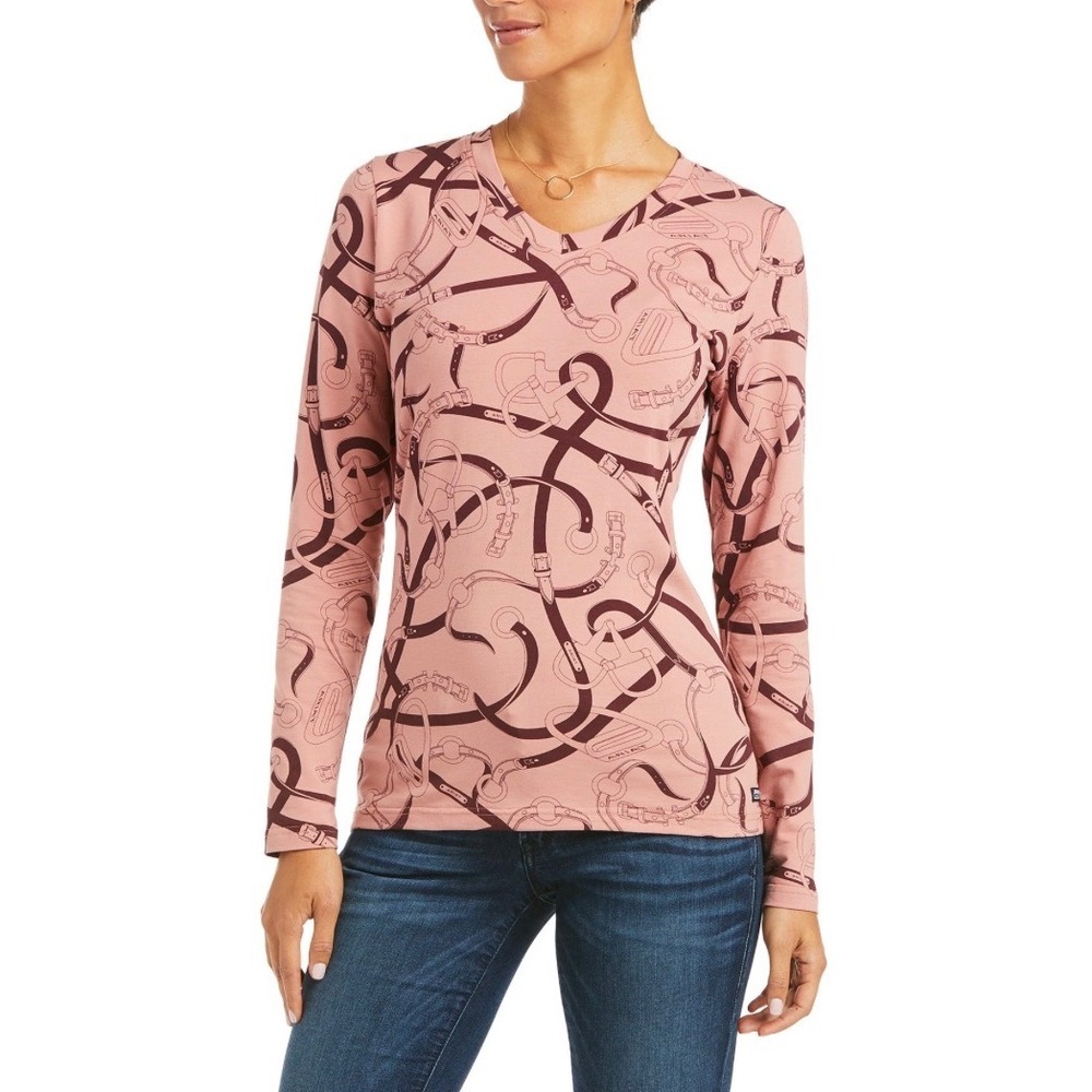 Ariat Womens Ash Rose Brindle Print V-Neck‎ Long Sleeve Equestrian Top Large